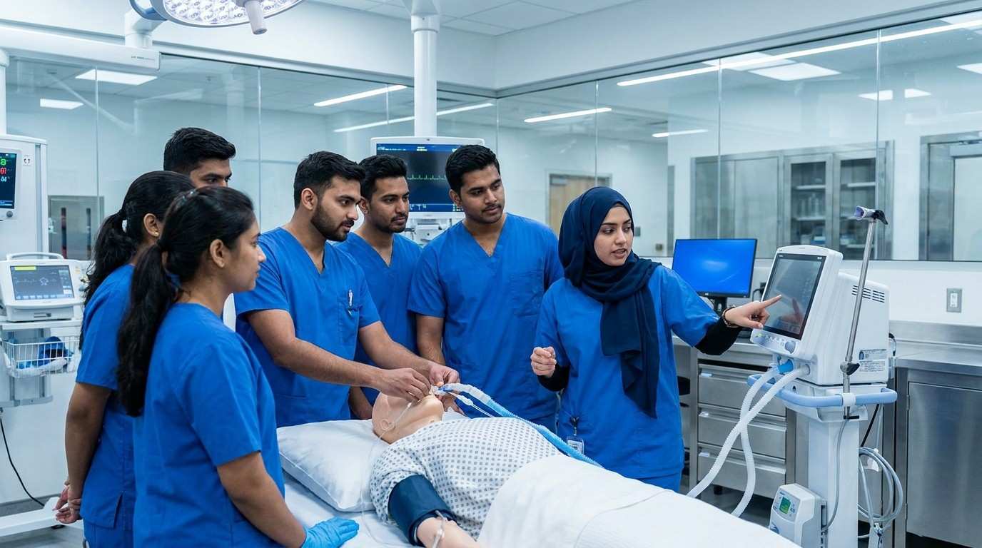 Indian students practicing clinical skills for nursing in Vietnam
