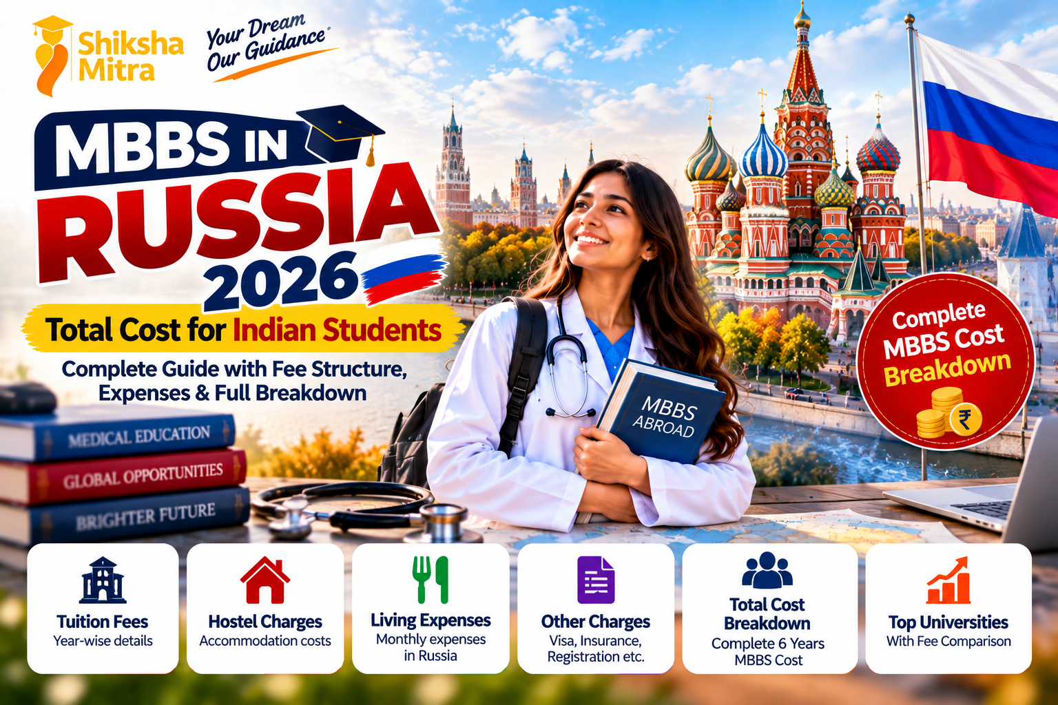 Total Cost of MBBS in Russia for Indian Students 2026 โ Complete guide by Shiksha Mitra covering tuition fees, hostel charges, living expenses, visa costs and 6-year MBBS expenses.