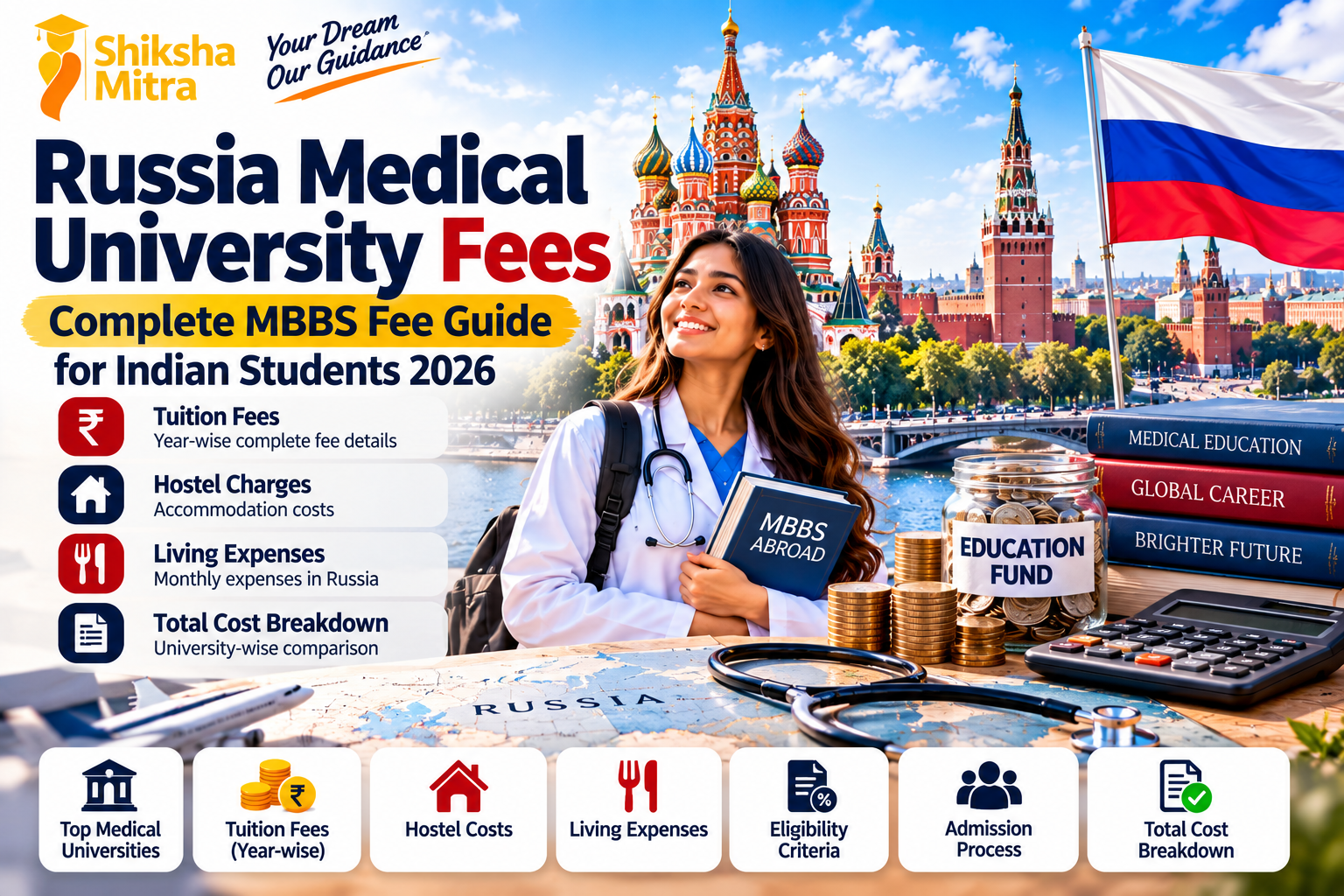 ussia Medical University Fees 2026 – Complete MBBS fee guide for Indian students by Shiksha Mitra, featuring tuition fees, hostel charges, living expenses, total MBBS costs, a medical student, and Russian landmarks.